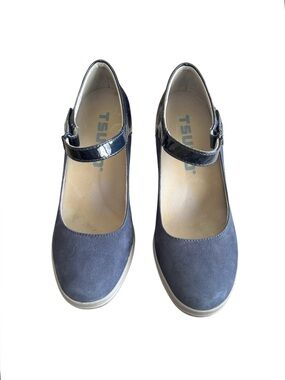 Tsubo Navy Suede Mary Jane Flats with Patent Strap